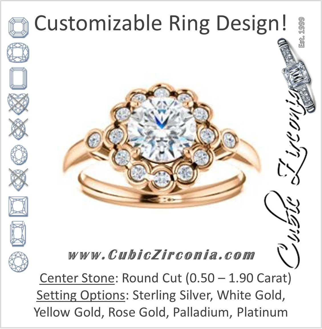 Cubic Zirconia Engagement Ring- The Raleigh (Customizable Round Cut Design with Clustered Halo and Round Bezel Accents)