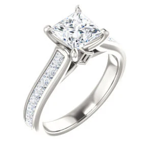 Cubic Zirconia Engagement Ring- The Rhea (Customizable Cathedral-raised Princess Cut Design with Princess Channel Band and Kite-set Princess Peekaboo Accents) - Image 2
