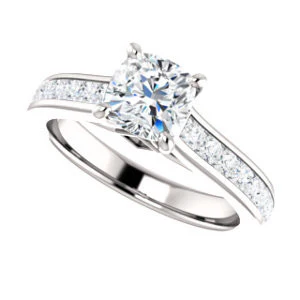 Cubic Zirconia Engagement Ring- The Rhea (Customizable Cathedral-raised Cushion Cut Design with Princess Channel Band and Kite-set Princess Peekaboo Accents) - Image 6