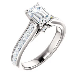 Cubic Zirconia Engagement Ring- The Rhea (Customizable Cathedral-raised Emerald Cut Design with Princess Channel Band and Kite-set Princess Peekaboo Accents) - Image 2