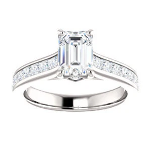 Cubic Zirconia Engagement Ring- The Rhea (Customizable Cathedral-raised Emerald Cut Design with Princess Channel Band and Kite-set Princess Peekaboo Accents) - Image 4