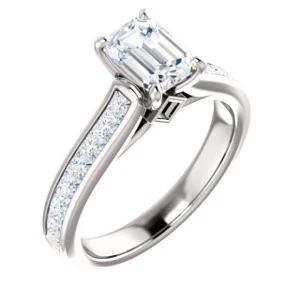 Cubic Zirconia Engagement Ring- The Rhea (Customizable Cathedral-raised Emerald Cut Design with Princess Channel Band and Kite-set Princess Peekaboo Accents) - Image 7