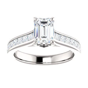 Cubic Zirconia Engagement Ring- The Rhea (Customizable Cathedral-raised Emerald Cut Design with Princess Channel Band and Kite-set Princess Peekaboo Accents) - Image 9