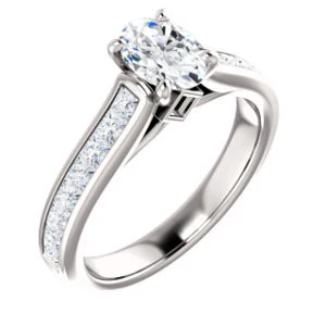 Cubic Zirconia Engagement Ring- The Rhea (Customizable Cathedral-raised Oval Cut Design with Princess Channel Band and Kite-set Princess Peekaboo Accents) - Image 2