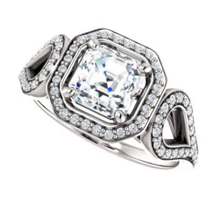 Cubic Zirconia Engagement Ring- The Roya (Customizable Cathedral-Halo Asscher Cut Design with Wide Ribbon-inspired Split-Pavé Band) - Image 5