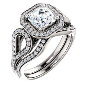 Cubic Zirconia Engagement Ring- The Roya (Customizable Cathedral-Halo Asscher Cut Design with Wide Ribbon-inspired Split-Pavé Band) - Image 6