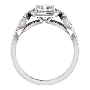 Cubic Zirconia Engagement Ring- The Roya (Customizable Cathedral-Halo Cushion Cut Design with Wide Ribbon-inspired Split-Pavé Band) - Image 2