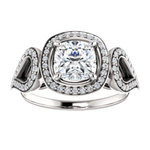 Cubic Zirconia Engagement Ring- The Roya (Customizable Cathedral-Halo Cushion Cut Design with Wide Ribbon-inspired Split-Pavé Band) - Image 3