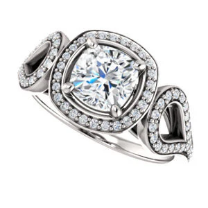 Cubic Zirconia Engagement Ring- The Roya (Customizable Cathedral-Halo Cushion Cut Design with Wide Ribbon-inspired Split-Pavé Band) - Image 5