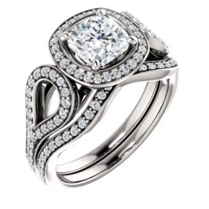 Cubic Zirconia Engagement Ring- The Roya (Customizable Cathedral-Halo Cushion Cut Design with Wide Ribbon-inspired Split-Pavé Band) - Image 6
