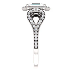 Cubic Zirconia Engagement Ring- The Roya (Customizable Cathedral-Halo Emerald Cut Design with Wide Ribbon-inspired Split-Pavé Band) - Image 4