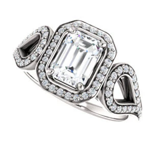 Cubic Zirconia Engagement Ring- The Roya (Customizable Cathedral-Halo Emerald Cut Design with Wide Ribbon-inspired Split-Pavé Band) - Image 5