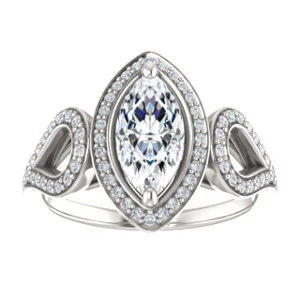 Cubic Zirconia Engagement Ring- The Roya (Customizable Cathedral-Halo Marquise Cut Design with Wide Ribbon-inspired Split-Pavé Band) - Image 3