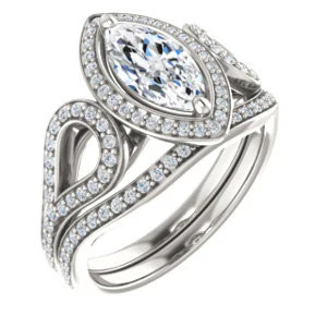 Cubic Zirconia Engagement Ring- The Roya (Customizable Cathedral-Halo Marquise Cut Design with Wide Ribbon-inspired Split-Pavé Band) - Image 6