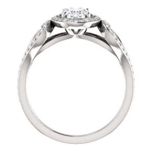 Cubic Zirconia Engagement Ring- The Roya (Customizable Cathedral-Halo Oval Cut Design with Wide Ribbon-inspired Split-Pavé Band) - Image 2