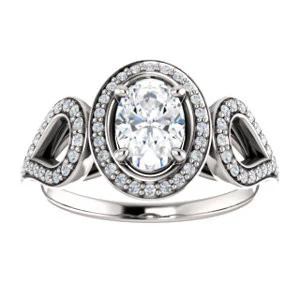 Cubic Zirconia Engagement Ring- The Roya (Customizable Cathedral-Halo Oval Cut Design with Wide Ribbon-inspired Split-Pavé Band) - Image 3