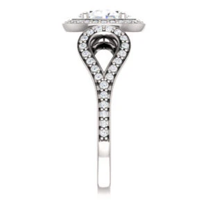 Cubic Zirconia Engagement Ring- The Roya (Customizable Cathedral-Halo Oval Cut Design with Wide Ribbon-inspired Split-Pavé Band) - Image 4