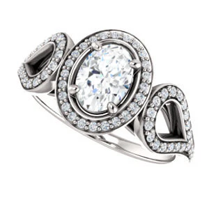 Cubic Zirconia Engagement Ring- The Roya (Customizable Cathedral-Halo Oval Cut Design with Wide Ribbon-inspired Split-Pavé Band) - Image 5