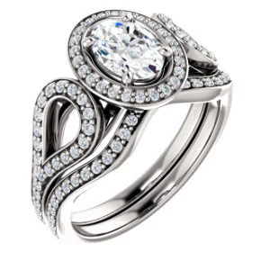 Cubic Zirconia Engagement Ring- The Roya (Customizable Cathedral-Halo Oval Cut Design with Wide Ribbon-inspired Split-Pavé Band) - Image 6