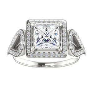 Cubic Zirconia Engagement Ring- The Roya (Customizable Cathedral-Halo Princess Cut Design with Wide Ribbon-inspired Split-Pavé Band) - Image 3