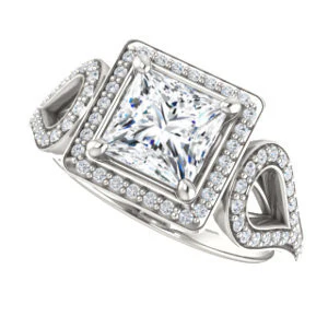 Cubic Zirconia Engagement Ring- The Roya (Customizable Cathedral-Halo Princess Cut Design with Wide Ribbon-inspired Split-Pavé Band) - Image 5