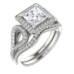 Cubic Zirconia Engagement Ring- The Roya (Customizable Cathedral-Halo Princess Cut Design with Wide Ribbon-inspired Split-Pavé Band) - Image 6