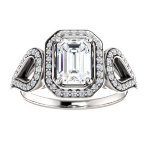Cubic Zirconia Engagement Ring- The Roya (Customizable Cathedral-Halo Radiant Cut Design with Wide Ribbon-inspired Split-Pavé Band) - Image 3