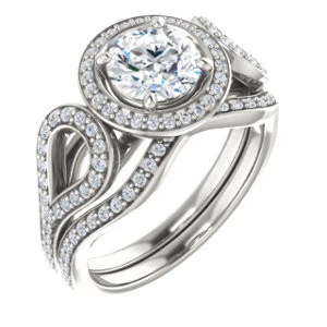 Cubic Zirconia Engagement Ring- The Roya (Customizable Cathedral-Halo Round Cut Design with Wide Ribbon-inspired Split-Pavé Band) - Image 6