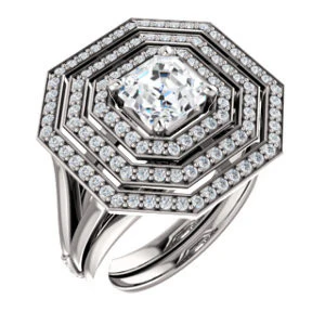 Cubic Zirconia Engagement Ring- The Roza (Customizable Triple-Halo Asscher Cut Design with Split Band and Knuckle Accents) - Image 7