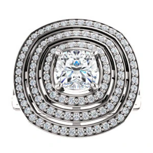 Cubic Zirconia Engagement Ring- The Roza (Customizable Triple-Halo Cushion Cut Design with Split Band and Knuckle Accents) - Image 4