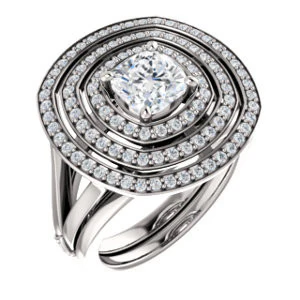 Cubic Zirconia Engagement Ring- The Roza (Customizable Triple-Halo Cushion Cut Design with Split Band and Knuckle Accents) - Image 7