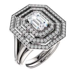 Cubic Zirconia Engagement Ring- The Roza (Customizable Triple-Halo Radiant Cut Design with Split Band and Knuckle Accents) - Image 7