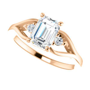 Cubic Zirconia Engagement Ring- The Willie Jo (Customizable 3-stone Emerald Cut Design with Small Round Cut Accents and Decorative Cathedral Trellis) - Image 11