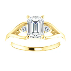 Cubic Zirconia Engagement Ring- The Willie Jo (Customizable 3-stone Emerald Cut Design with Small Round Cut Accents and Decorative Cathedral Trellis) - Image 4