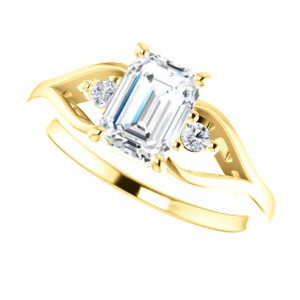 Cubic Zirconia Engagement Ring- The Willie Jo (Customizable 3-stone Emerald Cut Design with Small Round Cut Accents and Decorative Cathedral Trellis) - Image 6