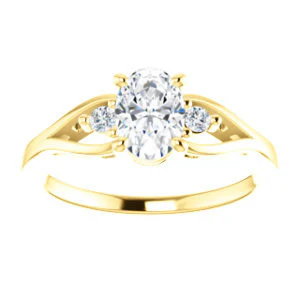 Cubic Zirconia Engagement Ring- The Willie Jo (Customizable 3-stone Oval Cut Design with Small Round Cut Accents and Decorative Cathedral Trellis) - Image 4