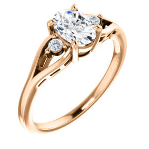 Cubic Zirconia Engagement Ring- The Willie Jo (Customizable 3-stone Oval Cut Design with Small Round Cut Accents and Decorative Cathedral Trellis) - Image 7