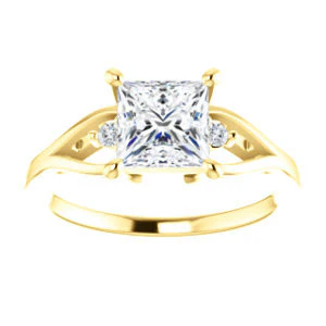 Cubic Zirconia Engagement Ring- The Willie Jo (Customizable 3-stone Princess Cut Design with Small Round Cut Accents and Decorative Cathedral Trellis) - Image 4