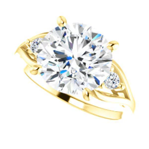 Cubic Zirconia Engagement Ring- The Willie Jo (Customizable 3-stone Round Cut Design with Small Round Cut Accents and Decorative Cathedral Trellis) - Image 6