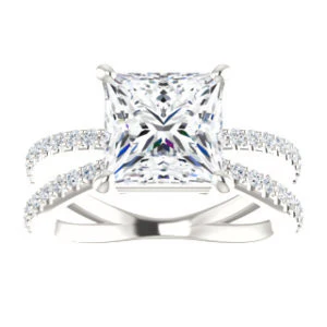 Cubic Zirconia Engagement Ring- The Yasmeen (Customizable Princess Cut Style with Wide X-Split Pavé Band) - Image 4