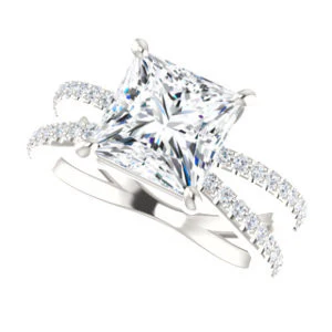 Cubic Zirconia Engagement Ring- The Yasmeen (Customizable Princess Cut Style with Wide X-Split Pavé Band) - Image 6