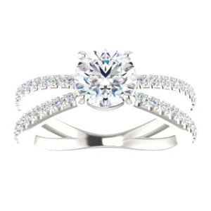 Cubic Zirconia Engagement Ring- The Yasmeen (Customizable Round Cut Style with Wide X-Split Pavé Band) - Image 4