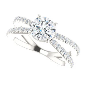 Cubic Zirconia Engagement Ring- The Yasmeen (Customizable Round Cut Style with Wide X-Split Pavé Band) - Image 6