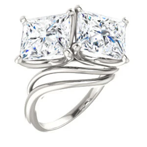 Cubic Zirconia Engagement Ring- The Yuli (Customizable 2-stone Princess Cut Design with Artisan Bypass Split Band) - Image 2