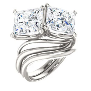 Cubic Zirconia Engagement Ring- The Yuli (Customizable 2-stone Princess Cut Design with Artisan Bypass Split Band) - Image 7