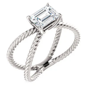 Cubic Zirconia Engagement Ring- The Zaylee (Customizable Emerald Cut Solitaire with Wide Rope-Braiding "X" Split Band) - Image 2