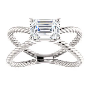 Cubic Zirconia Engagement Ring- The Zaylee (Customizable Emerald Cut Solitaire with Wide Rope-Braiding "X" Split Band) - Image 4