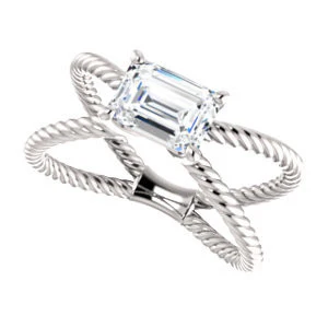 Cubic Zirconia Engagement Ring- The Zaylee (Customizable Emerald Cut Solitaire with Wide Rope-Braiding "X" Split Band) - Image 6