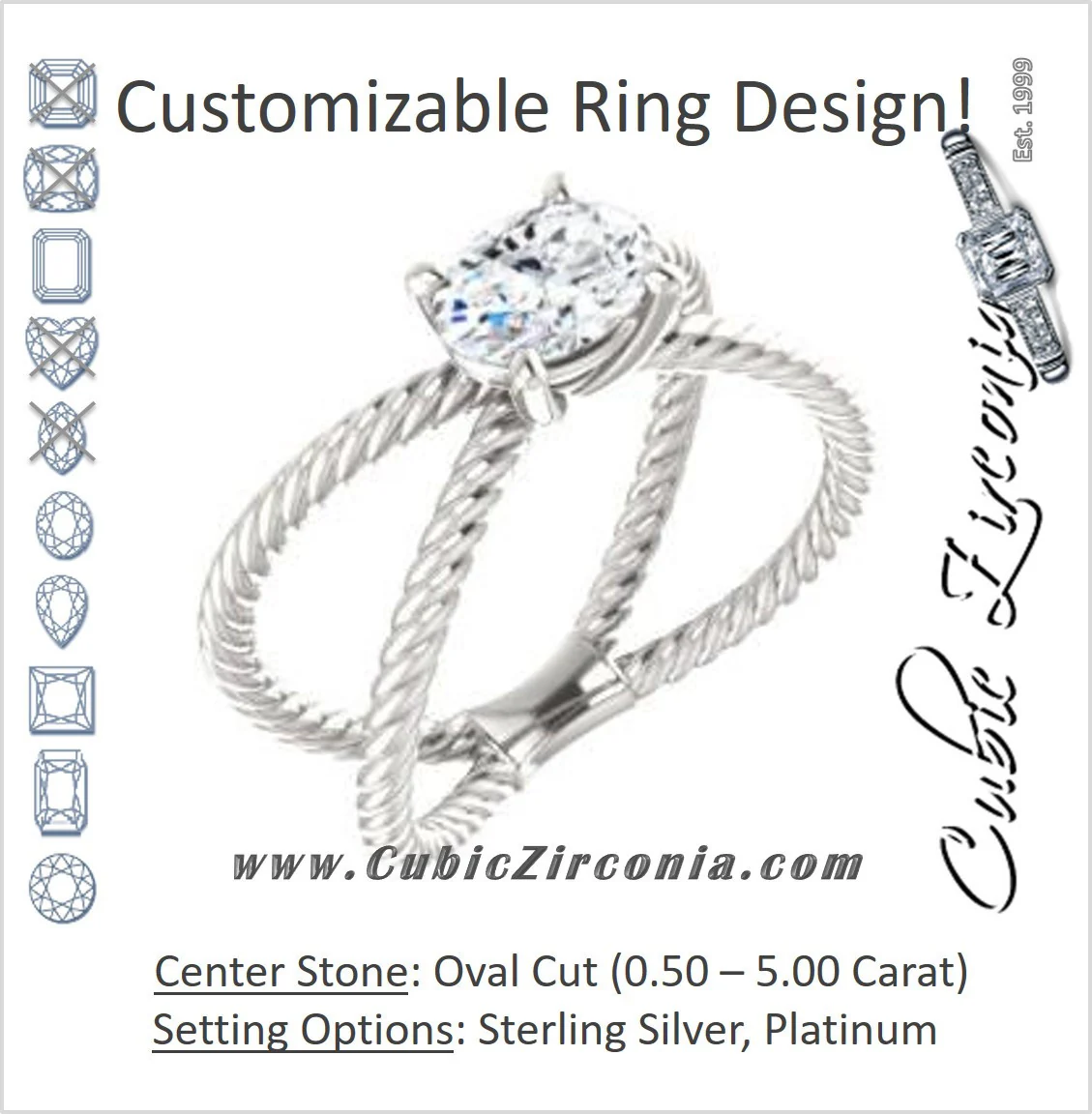 Cubic Zirconia Engagement Ring- The Zaylee (Customizable Oval Cut Solitaire with Wide Rope-Braiding "X" Split Band)