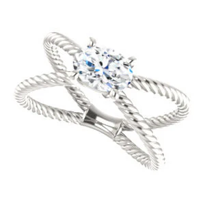 Cubic Zirconia Engagement Ring- The Zaylee (Customizable Oval Cut Solitaire with Wide Rope-Braiding "X" Split Band) - Image 6